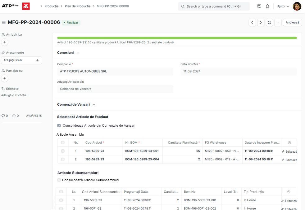 ERP NEXT - Plan de Producție