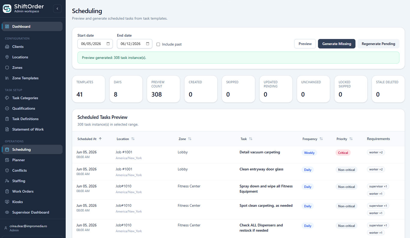 SHIFT-ORDER - Scheduling: preview, generare și regenerare taskuri programate